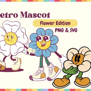 50 Retro Blumen Maskottchen PNG & SVG Bundle Grafik Digitaler Download Bild Transparenter Hintergrund, Clip Art, Dateiformat, T-Shirt Design