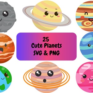 25 söta planeter kawaii PNG & SVG-paket grafik digital nedladdningsbar bild transparent bakgrund, clipart, filformat, t-shirtdesign