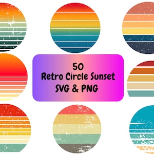 Puede incluir: Una colección de ocho diseños gráficos circulares con patrones de atardecer de rayas horizontales en varias paletas de colores, algunos con texturas desgastadas. Un rectángulo morado central muestra el texto 50 Retro Circle Sunset SVG & PNG.