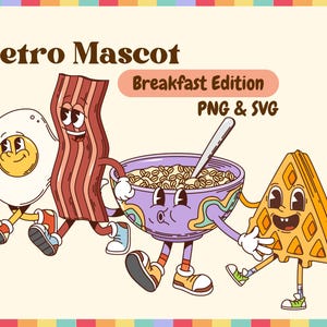Ensemble de 50 mascottes du petit-déjeuner rétro PNG & SVG Image en téléchargement numérique graphique sur fond transparent, clipart, format de fichier, création de t-shirt