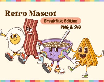 50 Retro Breakfast Mascots PNG & SVG Bundle Grafika cyfrowa do pobrania Obraz Przezroczyste tło, Clip Art, Format pliku, Projekt koszulki