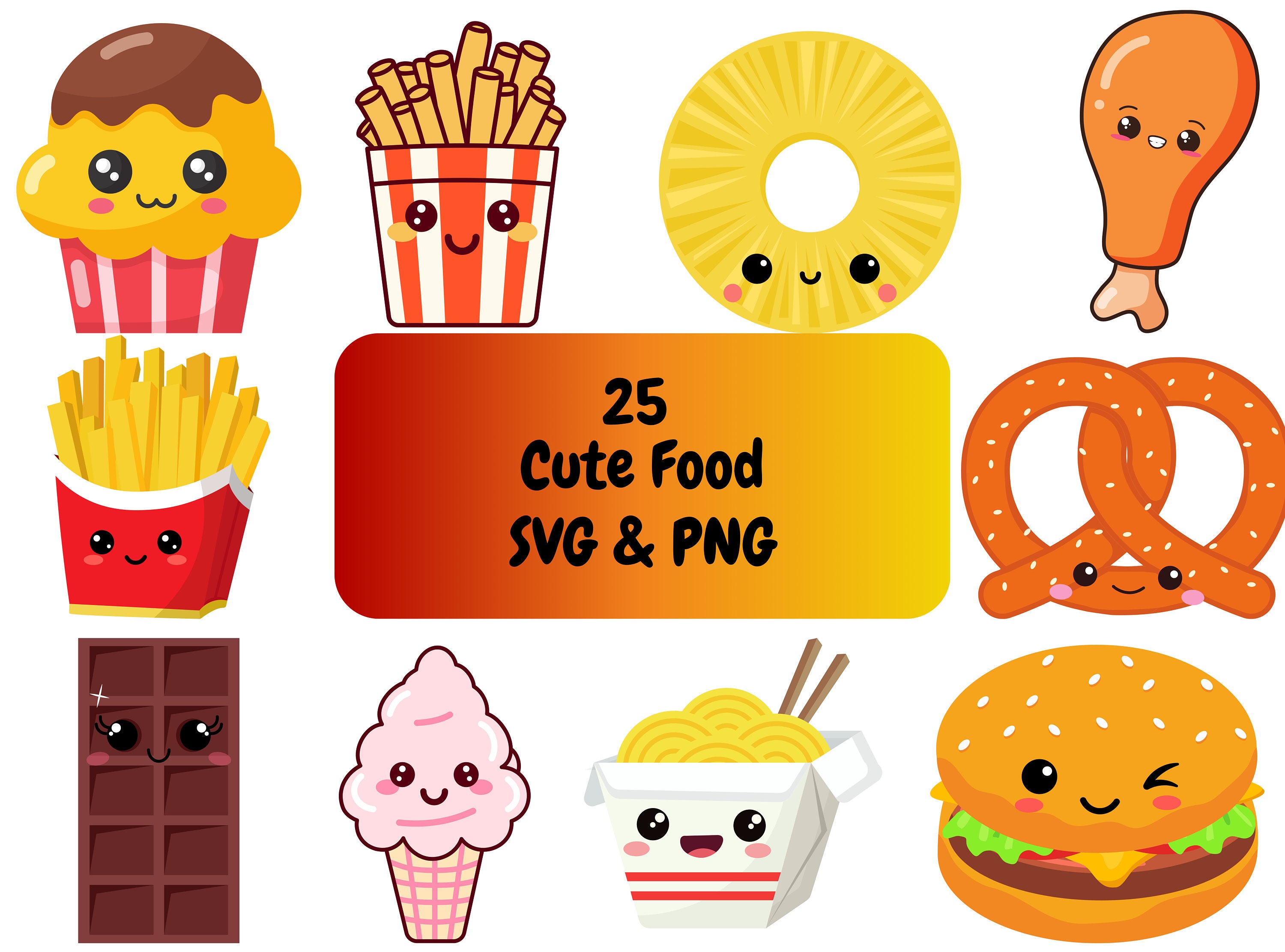 25 Cute Food Kawaii PNG & SVG Bundle Graphic Digital Download Image ...
