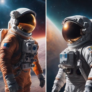 May include: Two astronauts in space suits, one in an orange suit and one in a white suit. Both astronauts are wearing helmets with visors. The background is a dark blue space with stars and a planet.