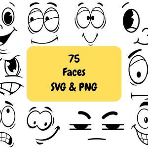 Könnte beinhalten: Ein Satz von 75 schwarz-weißen Cartoon-Gesichtern mit verschiedenen Ausdrücken. Die Gesichter sind schwarz umrandet und haben verschiedene Augenformen, Augenbrauen und Münder. Der Text "75 Faces SVG & PNG" wird in einem gelben Rechteck angezeigt.