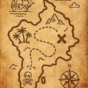 May include: A vintage-style treasure map illustration on aged paper. The map features a sailing ship, palm trees, mountains, a skull and crossbones, and a compass rose. A dotted line marks a path to an "X" indicating a treasure location.