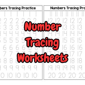 May include: Black and white printable number tracing worksheets for kids. The worksheets feature the numbers 1 through 20, each repeated seven times on a grid.