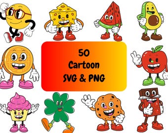 Paquete de 50 imágenes PNG y SVG de mascotas de dibujos animados retro para descarga digital, fondo transparente, imágenes prediseñadas, formato de archivo, diseño de camisetas.