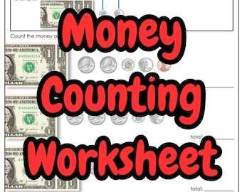 May include: A black and white worksheet with the title "Money Counting Worksheet". The worksheet has a section for counting money with images of US dollar bills and coins. The worksheet includes instructions for counting money and writing a running total.