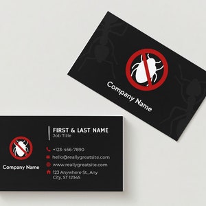 Plantilla de tarjeta de visita de control de plagas, editable, de doble cara, negro, descarga digital, diseño profesional, diy PDF PNG JPG exterminador de insectos