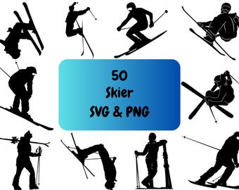 50 Narciarz sylwetka narciarza PNG i SVG pakiet grafiki cyfrowej do pobrania obraz przezroczyste tło, clipart, format pliku, projekt