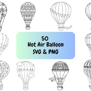 Könnte beinhalten: Ein Set mit 50 Schwarzweiß-Zeichnungen von Heißluftballons. Die Ballons sind in verschiedenen Stilen, darunter gestreift, gemustert und schlicht. Der Text "50 Hot Air Balloon SVG & PNG" wird in der Mitte des Bildes angezeigt.