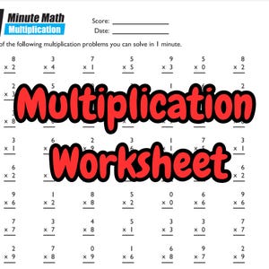 May include: A black and white multiplication worksheet with the words "Multiplication Worksheet" in red. The worksheet has 40 multiplication problems with numbers 0 through 9.