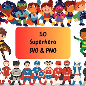 May include: A set of 50 colorful superhero illustrations, featuring characters of different genders and ethnicities. The illustrations are in a cartoon style and are perfect for use in digital projects or printed materials. The text on the image reads "50 Superhero SVG & PNG".