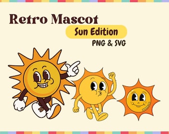 May include: Three cartoon suns with smiling faces and different expressions. The suns are yellow with orange rays and have black eyes and mouths. The text "Retro Mascot Sun Edition PNG & SVG" is at the top of the image.