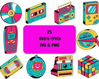 25 Retro 90's PNG & SVG Bundle Grafika cyfrowa do pobrania Obraz Przezroczyste tło, Clip Art, Format pliku, Projekt koszulki