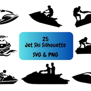 Könnte beinhalten: Eine Sammlung von 25 schwarzen Jet-Ski-Silhouetten. Das Bild enthält verschiedene Darstellungen von Jetskis mit Fahrern sowie den Text "25 Jet Ski Silhouette SVG & PNG" in einer blau-weißen Box.