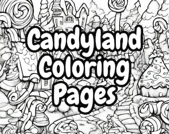 Pode incluir: Página para colorir em preto e branco que apresenta uma cidade de doces de sonho com uma casa de gengibre, árvores de pirulito e um caminho de bengala de caramelo. O texto "Candyland Coloring Pages" está escrito em uma fonte em negrito e divertida.