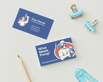 May include: Two blue business cards with a white background. The top card has a cartoon illustration of a man holding a hammer and the text "Chaz Duncan Handyman Services" with contact information. The bottom card has a cartoon illustration of a man holding a drill and the text "What Needs Fixing? The Handyman Doctor."