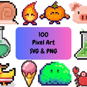 May include: A set of 100 pixel art images in SVG and PNG format. The images include a snail, a fire creature, a pumpkin, a pig, a potion bottle, a slime creature, a crab, an ice cream cone, and a yellow duck wearing a hat.
