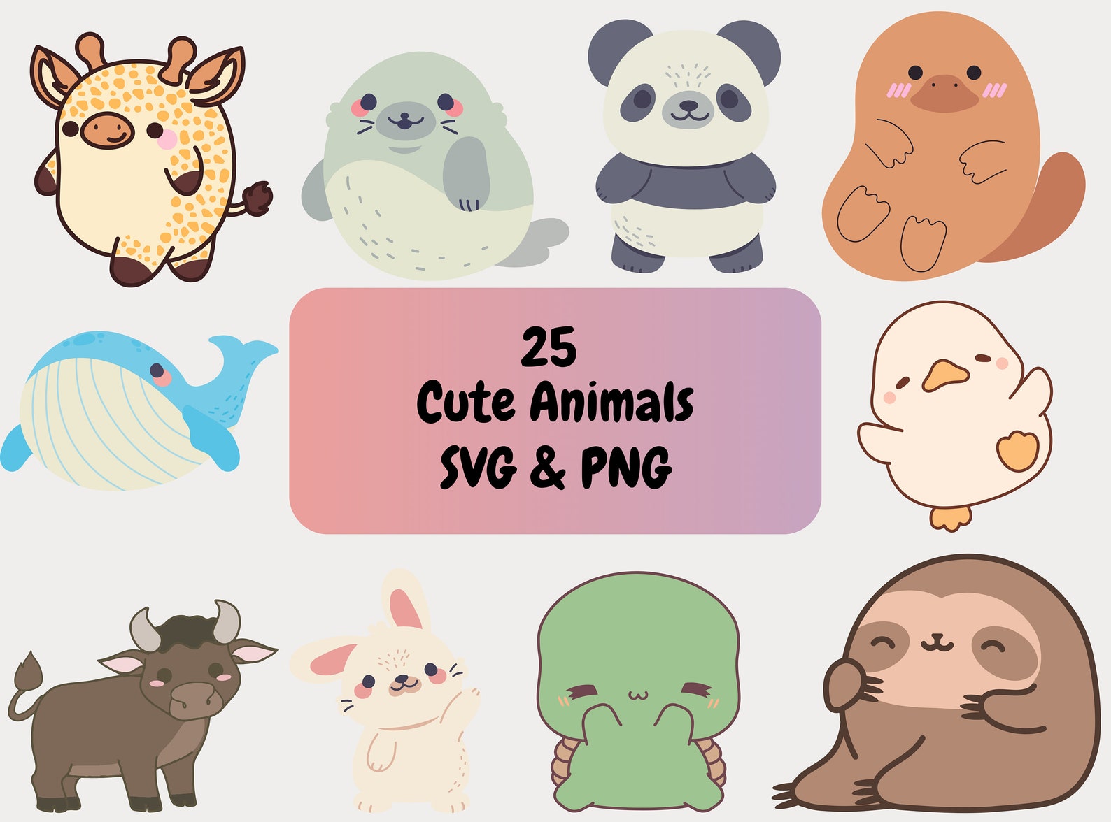 25 Cute Animals Kawaii PNG & SVG Bundle Graphic Digital Download Image ...