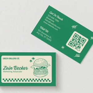 Sjabloon voor visitekaartjes eten en restaurant, QR-code, bewerkbaar dubbelzijdig, digitale download Professioneel ontwerp DIY Retro Diner Resto Kitchen