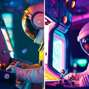 May include: Two people wearing astronaut helmets play arcade games. The person on the left is wearing a yellow and white helmet and is playing a game with a joystick. The person on the right is wearing a white helmet and is playing a game with a joystick. The arcade games are lit up in neon pink and blue lights.