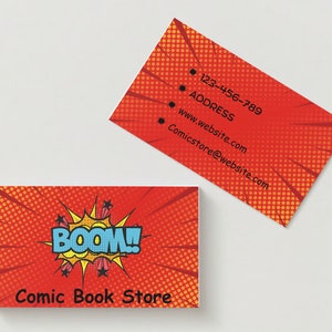 Comic Book Store Visitenkartenvorlage, bearbeitbar, doppelseitig, digitaler Download, professionelles Design, diy PDF PNG JPG Vintage Superheld