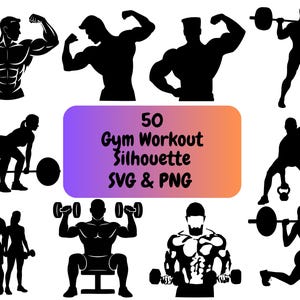 Puede incluir: Un conjunto de 50 siluetas de entrenamiento de gimnasio en negro. La imagen incluye varias figuras levantando pesas, usando mancuernas y realizando ejercicios. El texto sobre un fondo degradado dice "50 Gym Workout Silhouette SVG & PNG."