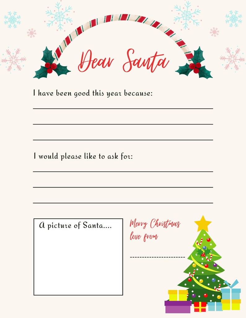 Dear Santa Claus Wish List Letter Printable Digital Download Template