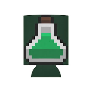 May include: A green pixelated potion bottle with a brown cork on a green background. This is a can cooler.