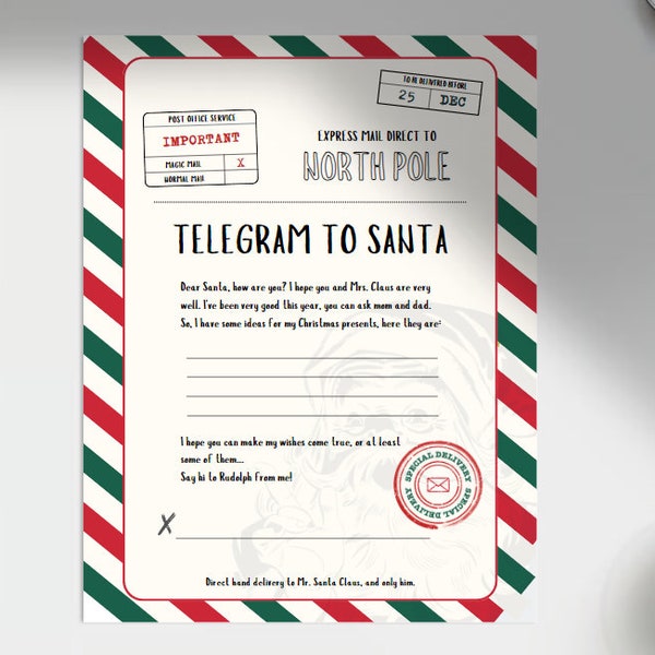 Kids Letter to Santa Claus Printable Digital Download Template Design Christmas Easy to Print Colored Downloadable Xmas Childs Telegram Mail