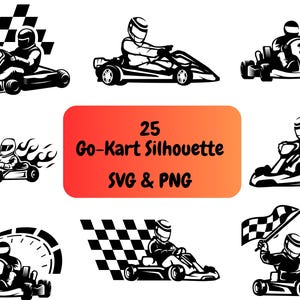 May include: A collection of 25 black and white go-kart silhouette designs in SVG and PNG formats. The images depict go-karts with drivers, checkered flags, and speed indicators. The designs are suitable for various creative projects.