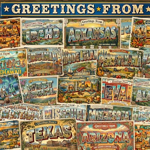 May include: A collection of vintage-style postcards featuring the text Greetings From at the top, with various US states illustrated in large block letters including Oklahoma, Idaho, Arkansas, Hawaii, Virginia, Rhode Island, Pennsylvania, Washington, Alaska, West Virginia, Oregon, Nevada, Alabama, Montana, Missouri, Minnesota, Mississippi, North Dakota, Texas, Arizona, and New Mexico.