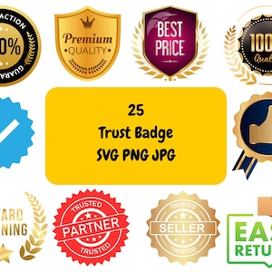 以下が含まれることがあります： 金色、青色、赤色、緑色など、さまざまな色とデザインの信頼バッジ25個のセットです。バッジには、「100％保証」、「プレミアム品質」、「最安値」、「100％品質」、「受賞歴」、「信頼できるパートナー」、「信頼できる販売者」、「簡単返品」などのテキストが記載されています。