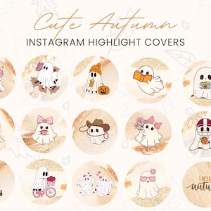 Op de afbeelding: Set van 12 Instagram-highlightcovers met schattige geestillustraties met herfstthema's. De covers bevatten geesten die hoeden dragen, pompoenen vasthouden en andere herfstthema-elementen. De tekst "Cute Autumn" en "Instagram Highlight Covers" wordt bovenaan de afbeelding weergegeven.
