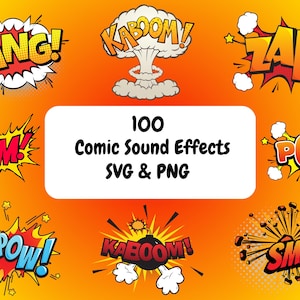 Puede incluir: Una colección de 100 ilustraciones de efectos de sonido de cómics en formato SVG y PNG. Las ilustraciones presentan palabras como "BAM", "BANG", "KABOOM", "POW", "KAPOW" y "SMASH" en una variedad de estilos coloridos.