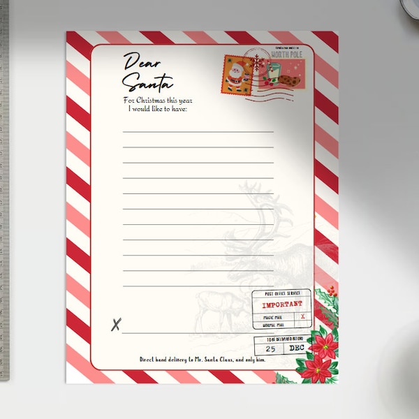 Christmas Wish List For Kids, Dear Santa, Letter to Santa Claus, Mail to North Pole, Easy to Print, Printable Design, Digital Download, Xmas