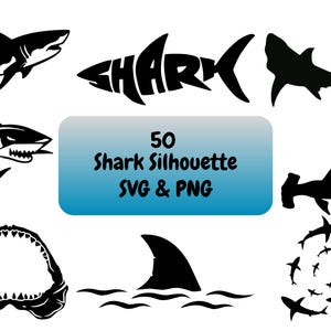 Puede incluir: Un conjunto de 50 archivos SVG y PNG de siluetas de tiburones en blanco y negro. La imagen muestra una variedad de siluetas de tiburones, incluyendo un tiburón martillo, una aleta de tiburón y un tiburón con la boca abierta.
