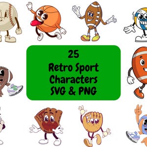 25 Retro Sports Characters Mascot PNG & SVG Bundle Graphic Digital Download Image Transparent Background, Clip Art, File Format, Design