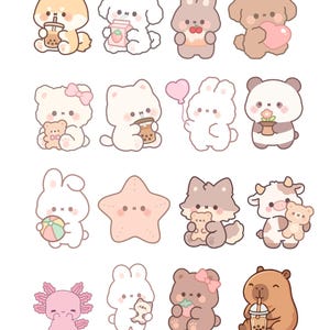 May include: A collection of sixteen individual sticker designs featuring various animals and shapes in a soft pastel color palette. The illustrations include a dog with boba tea, a white puppy with a milk carton, a rabbit, a bear with a heart, and a capybara.