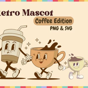 50 Retro Kaffee Maskottchen PNG & SVG Bundle Grafik Digitaler Download Bild Transparenter Hintergrund, Clip Art, Dateiformat, T-Shirt Design