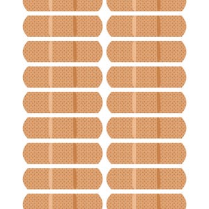 May include: A collection of eighteen rectangular adhesive bandages arranged in two vertical columns of nine. Each tan bandage features a dotted texture across the surface and a smooth, lighter-coloured central pad section with rounded edges.