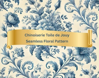 Blue Floral Chinoiserie Toile de Jouy Seamless Pattern Graphic Digital Download Image