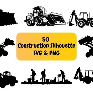 Puede incluir: Un conjunto de 50 siluetas de construcción en blanco y negro en formato SVG y PNG. La imagen muestra varios vehículos de construcción, incluidos excavadoras, bulldozers y cargadoras.