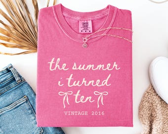 Custom 10th Birthday Shirt Youth Comfort Colors Summer I Turned 10, Birthday Bow Shirt, 10 Year Old Birthday Gift Girl, Gift For Daughter