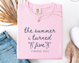 Custom 5th Birthday Youth Shirt, Comfort Colors® Summer I Turned 5 Bday Party Tee, 5th Birthday Gift Girl, Vintage 2021 Birthday Bow Shirt