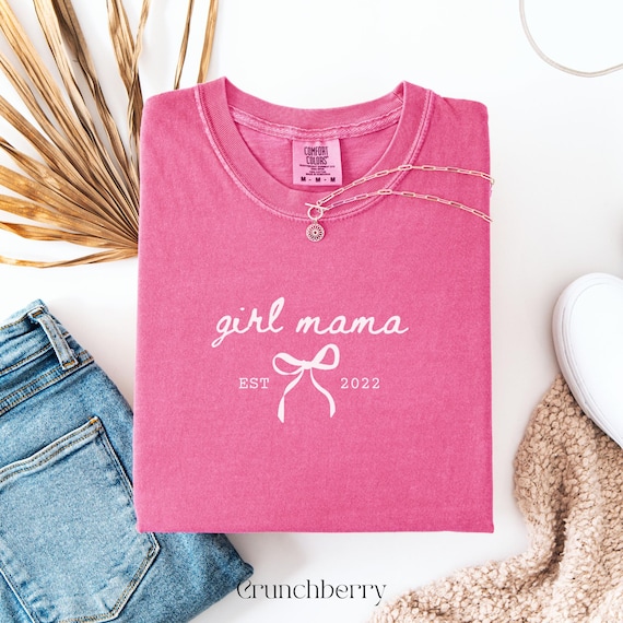 Custom Girl Mama Shirt, New Mom Shirt, Gift For New Mom, Comfort Colors Personalized Girl Mama Shirt, Trendy Mom Tee, Cute Bow Mom Shirt