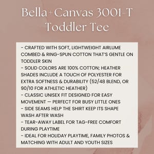 Puede incluir: Descripci&oacute;n del producto para una camiseta para ni&ntilde;os peque&ntilde;os Bella+Canvas 3001-T. La camiseta est&aacute; confeccionada con algod&oacute;n peinado y hilado en anillo airlume suave y ligero. Los colores lisos son 100% algod&oacute;n; los tonos jaspeados incluyen poli&eacute;ster para mayor suavidad y durabilidad. Tiene un corte unisex cl&aacute;sico.
