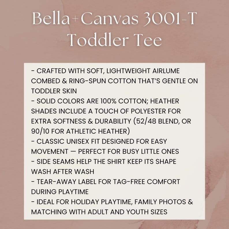 Puede incluir: Descripci&oacute;n del producto para una camiseta para ni&ntilde;os peque&ntilde;os Bella+Canvas 3001-T. La camiseta est&aacute; confeccionada con algod&oacute;n peinado y hilado en anillo airlume suave y ligero. Los colores lisos son 100% algod&oacute;n; los tonos jaspeados incluyen poli&eacute;ster para mayor suavidad y durabilidad. Tiene un corte unisex cl&aacute;sico.