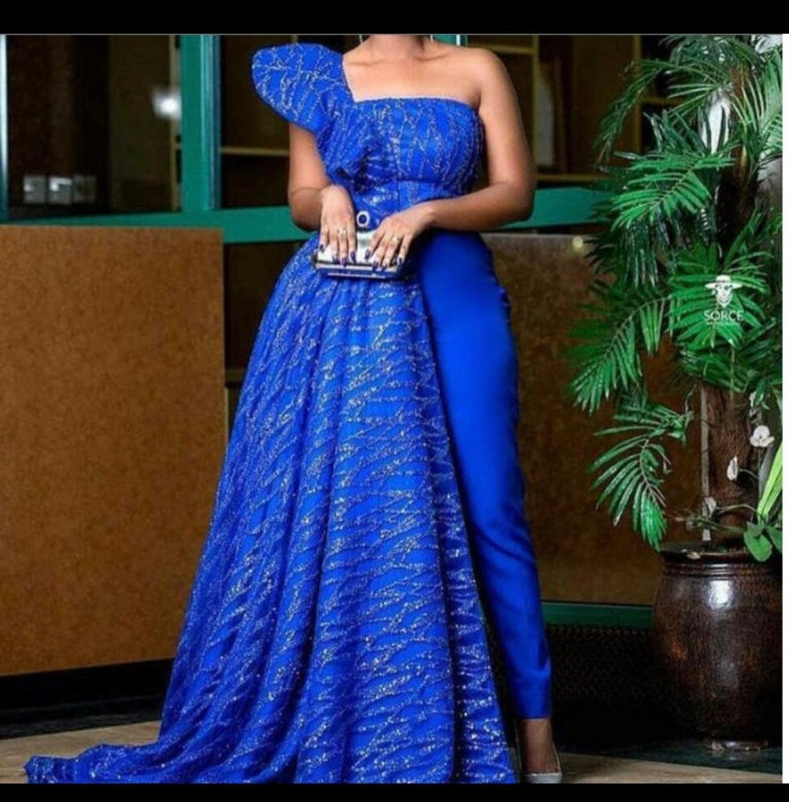 One Shoulder Mermaid Jumpsuit, Prom Jumpsuit, Blue Wedding Jumpsuit